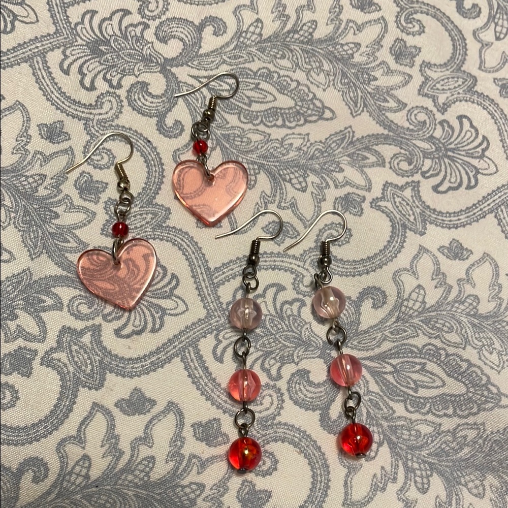Heart and Bead Drop Earrings Set - Pink and Red